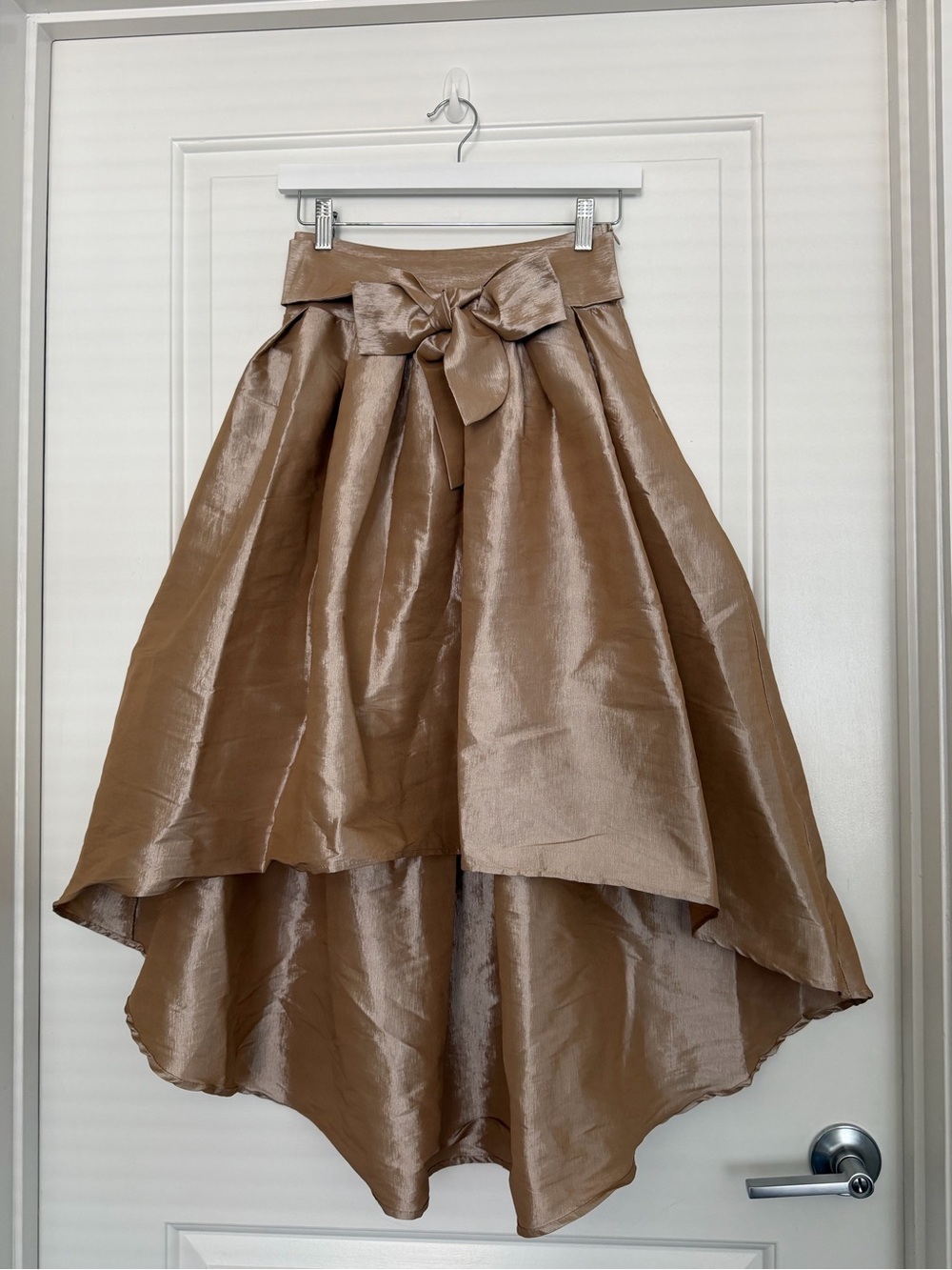 Iris High Low Gold Satin Bow Skirt Glam Zip Stretch Drama